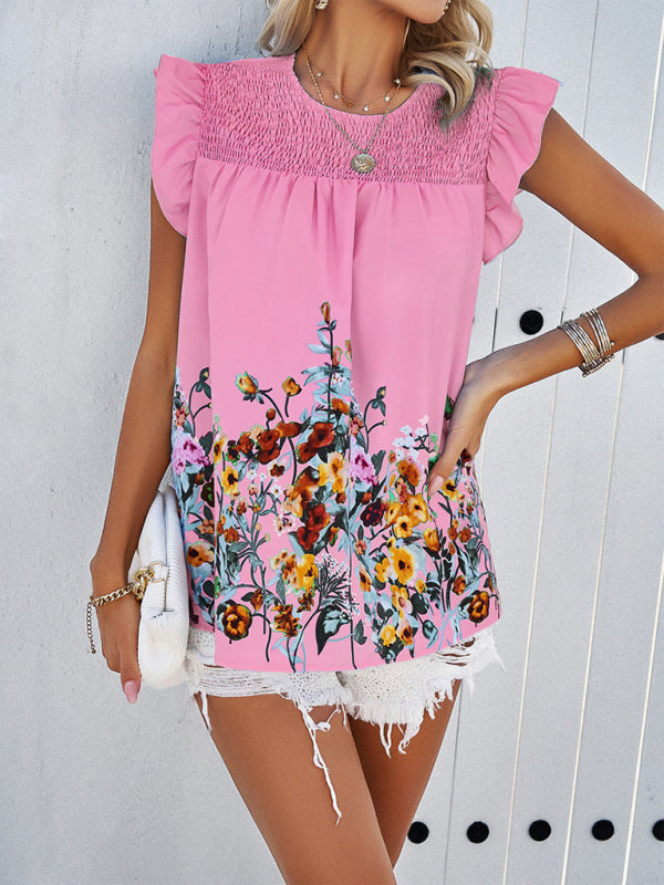 Temperamental casual printed round neck ruffle top Pink
