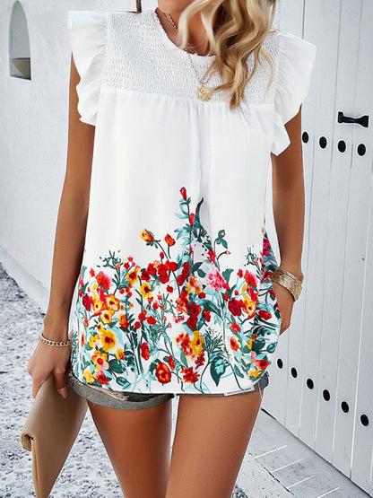 Temperamental casual printed round neck ruffle top White