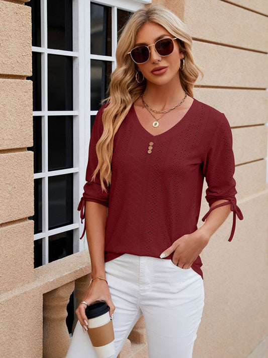 V-Neck Three Quarter Sleeve Button Top Viscose Women's Loose Blouse Wine Red