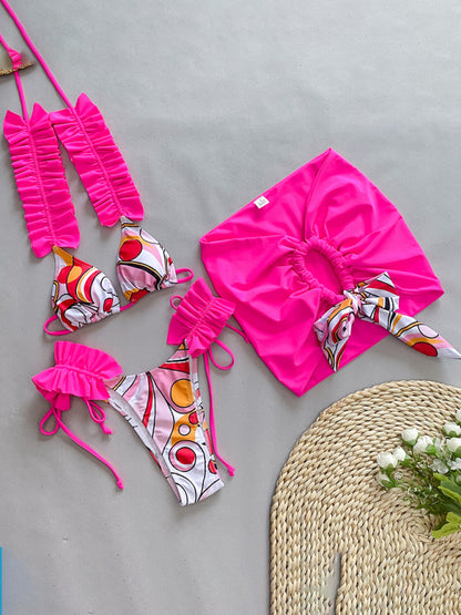 Women's new three-piece bikini ruffled edge split swimsuit Rose
