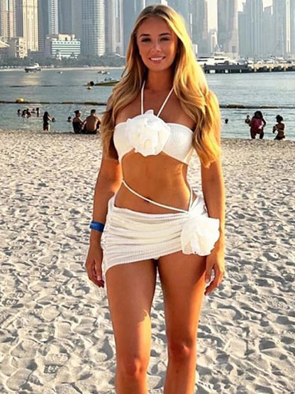 Women's new three-piece bikini three-dimensional flower split swimsuit White
