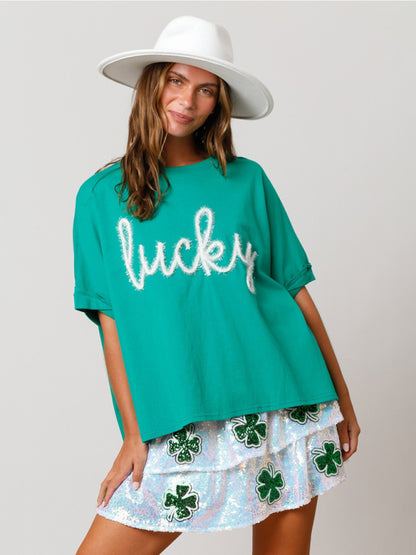Women's St. Patrick's lucky sequined top loose T-shirt Green