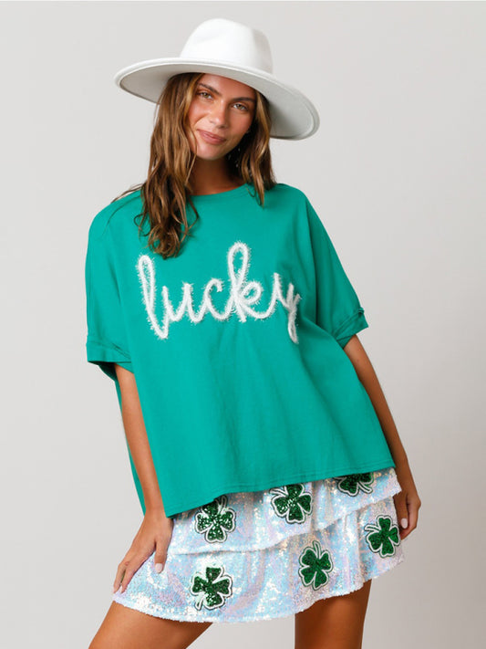 Women's St. Patrick's lucky sequined top loose T-shirt Green