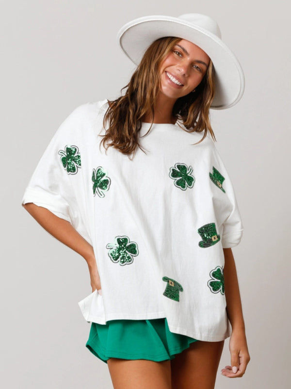 Women's St. Patrick's four-leaf clover sequined top loose T-shirt White