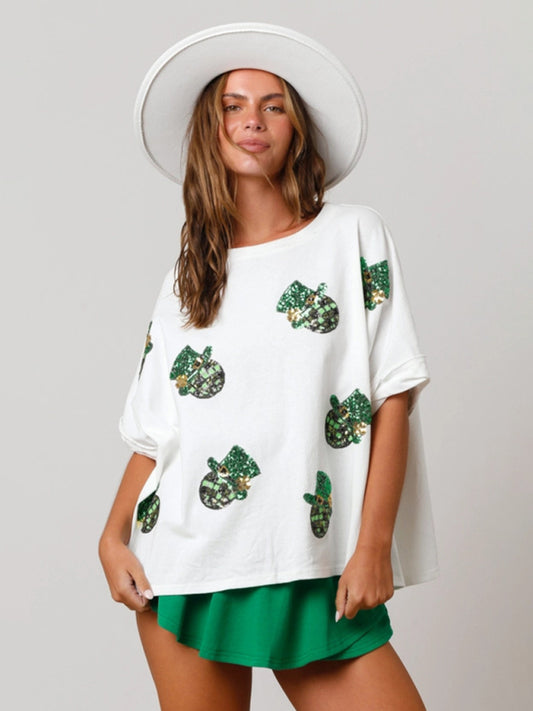 Women's St. Patrick's Hat Sequin Top Loose T-Shirt White
