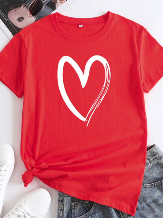 Cotton Heart Print T-Shirt Short Sleeve Women's Casual Top Orange