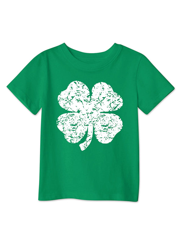 Modern style green clover printed loose pullover short-sleeved T-shirt for boys and girls Fruit green