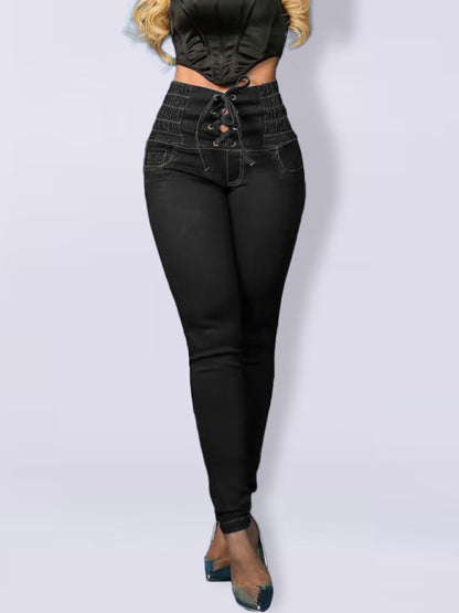 New high-waisted slimming butt-lifting strappy slim-fitting jeans Black
