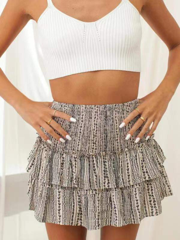 Floral Pleated Skirt Women Half Length Ruffled Fashion Midi Skirt Cracker khaki