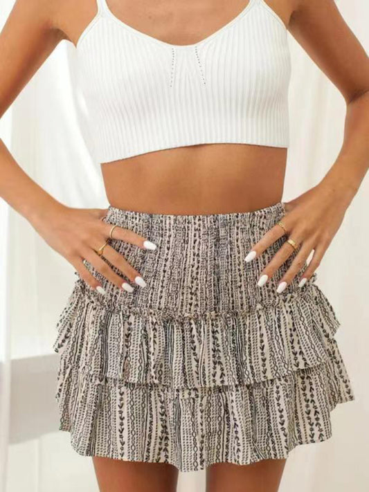 Floral Pleated Skirt Women Half Length Ruffled Fashion Midi Skirt Cracker khaki