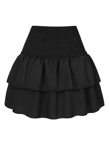 Floral Pleated Skirt Women Half Length Ruffled Fashion Midi Skirt Black
