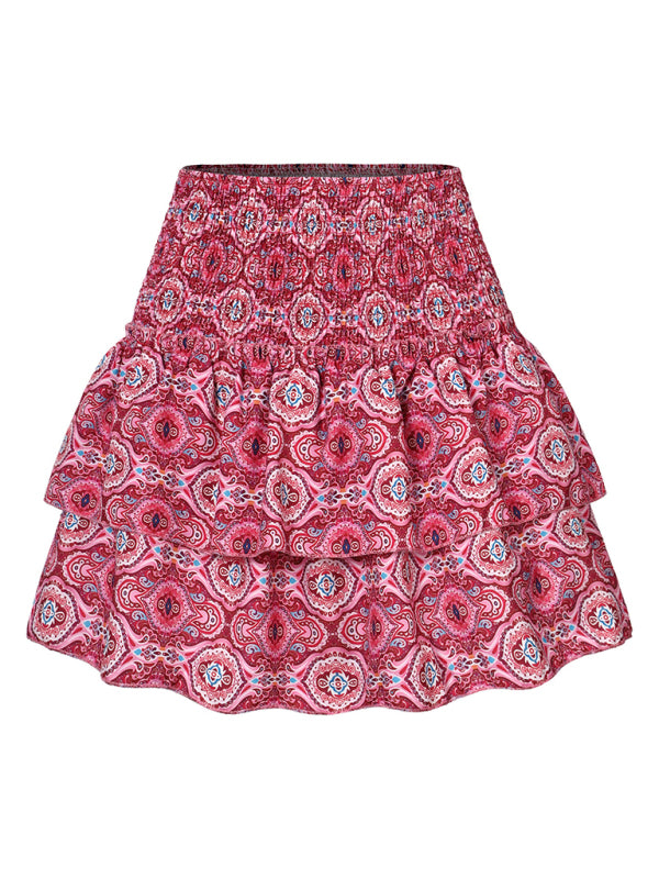 Floral Pleated Skirt Women Half Length Ruffled Fashion Midi Skirt