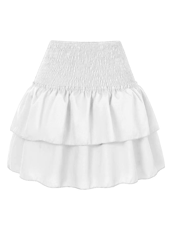 Floral Pleated Skirt Women Half Length Ruffled Fashion Midi Skirt White