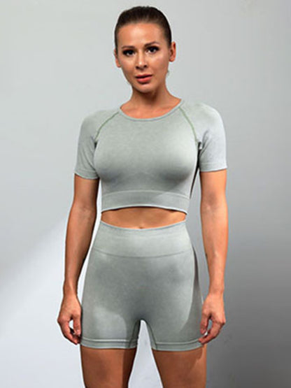 Women's Multi-Color Yoga Sports Short Sleeve & Shorts Set Green