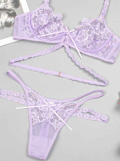 Women's Modern Sexy Flower Embroidered Lingerie Set Lace Thong Bra Three-Piece Set with Underwire Purple