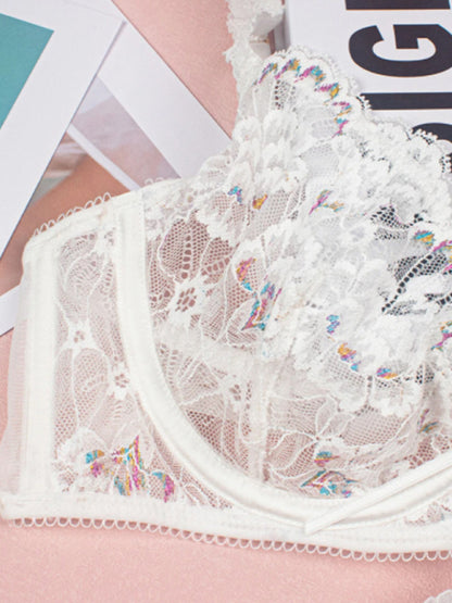 Women's Modern Sexy Flower Embroidered Lingerie Set Lace Thong Bra Three-Piece Set with Underwire