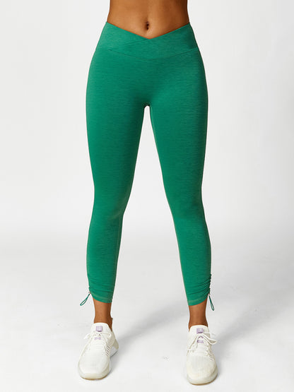 Women's Drawstring Yoga Breathable Solid Color Running Tights Green
