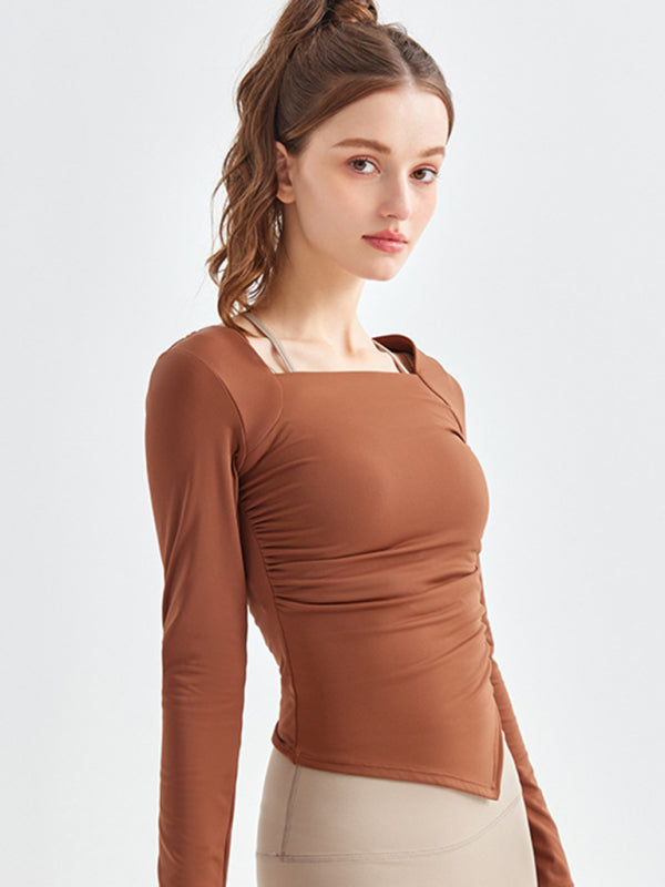 Women's Square Collar Irregular Hem Long Sleeve Quick-Dry Sports Top