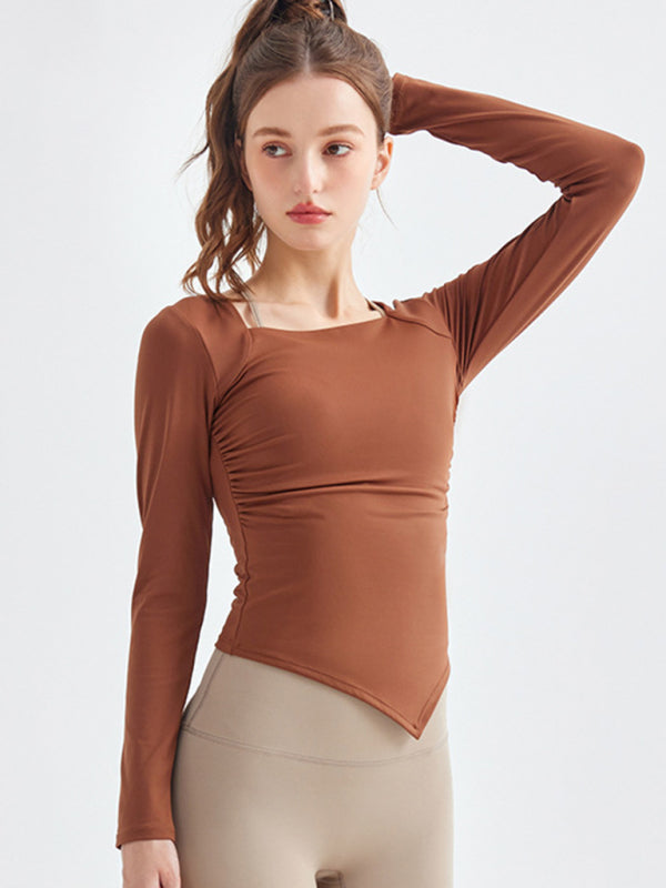 Women's Square Collar Irregular Hem Long Sleeve Quick-Dry Sports Top Brown