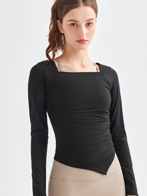 Women's Square Collar Irregular Hem Long Sleeve Quick-Dry Sports Top Black