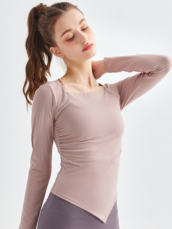 Women's Square Collar Irregular Hem Long Sleeve Quick-Dry Sports Top
