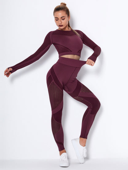 Women's Seamless Yoga Set - Quick-Dry Long Sleeve & Leggings Wine Red