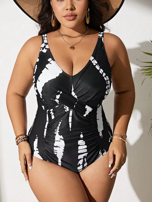 Plus size black and white one-piece slim bikini swimsuit Black