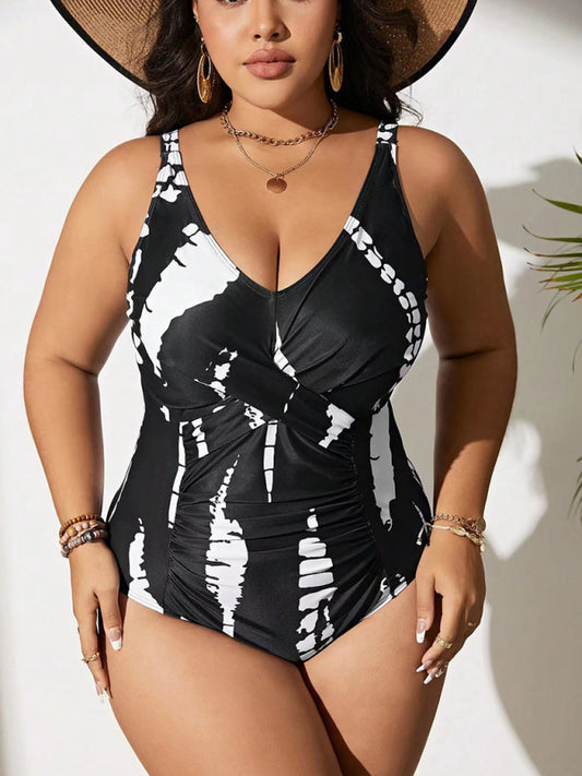 Plus size black and white one-piece slim bikini swimsuit Black