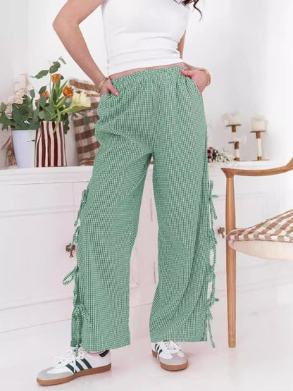 Fashion women's plaid strappy casual trousers Green