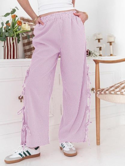 Fashion women's plaid strappy casual trousers Pink