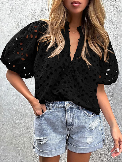 Puff Sleeve Embroidered Shirt - Romantic Style Blouse for Women Black