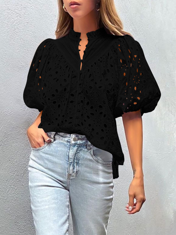 Puff Sleeve Embroidered Shirt - Romantic Style Blouse for Women