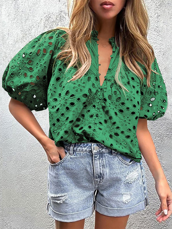 Puff Sleeve Embroidered Shirt - Romantic Style Blouse for Women Grass green