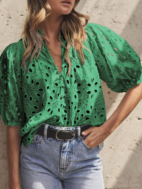 Puff Sleeve Embroidered Shirt - Romantic Style Blouse for Women