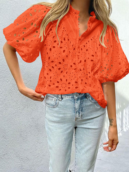 Puff Sleeve Embroidered Shirt - Romantic Style Blouse for Women