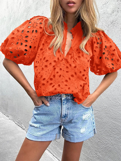 Puff Sleeve Embroidered Shirt - Romantic Style Blouse for Women Orange