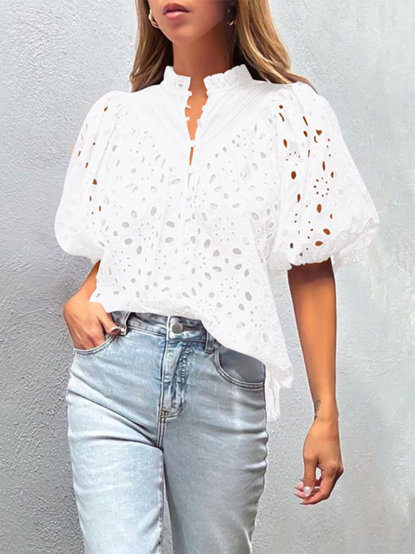 Puff Sleeve Embroidered Shirt - Romantic Style Blouse for Women