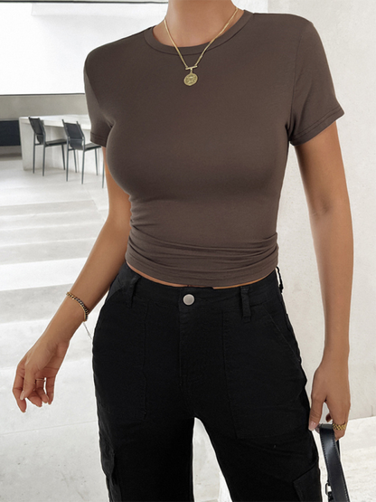 New solid color top, waisted, short, slim fit, navel-baring T-shirt Brown