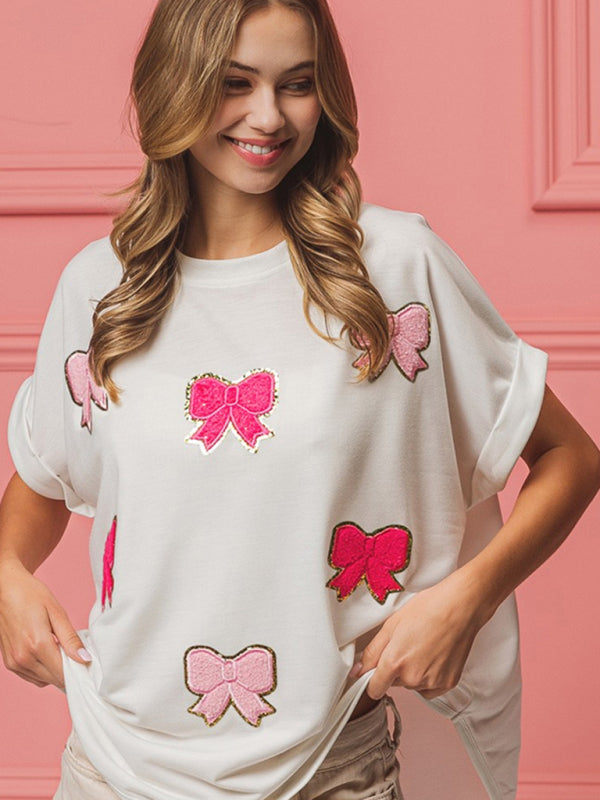 Modern short-sleeved bow sequin embroidered top White