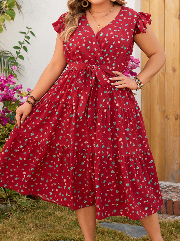 Plus size women's red printed sleeveless lace short-sleeved dress Red
