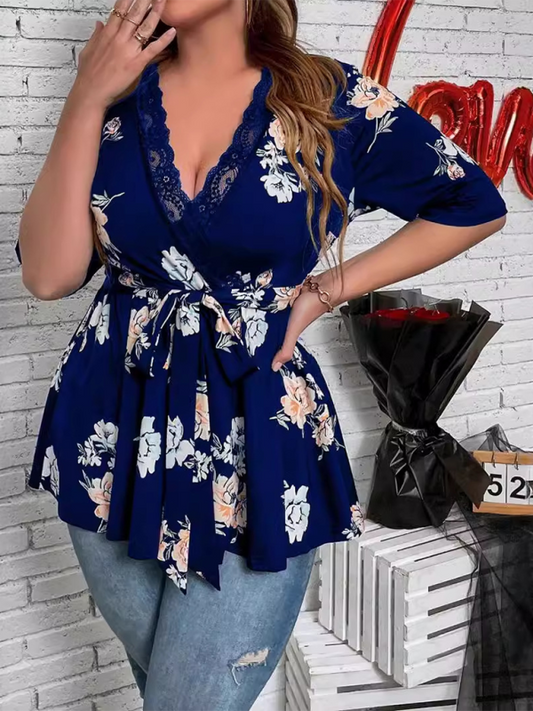 Plus size women's new printed V-neck lace shirt Blue
