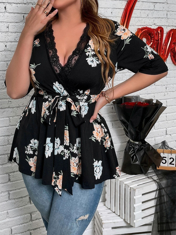 Plus size women's new printed V-neck lace shirt Black