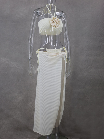 Modern sexy hot girl sleeveless tube top halter collar knitted slit high waist skirt three-piece suit