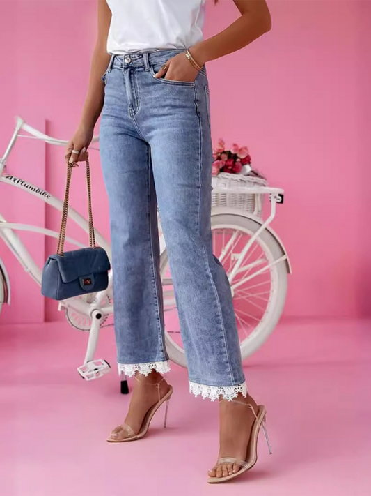 High waist slim fit bootcut jeans for women with fresh hem lace trousers Blue