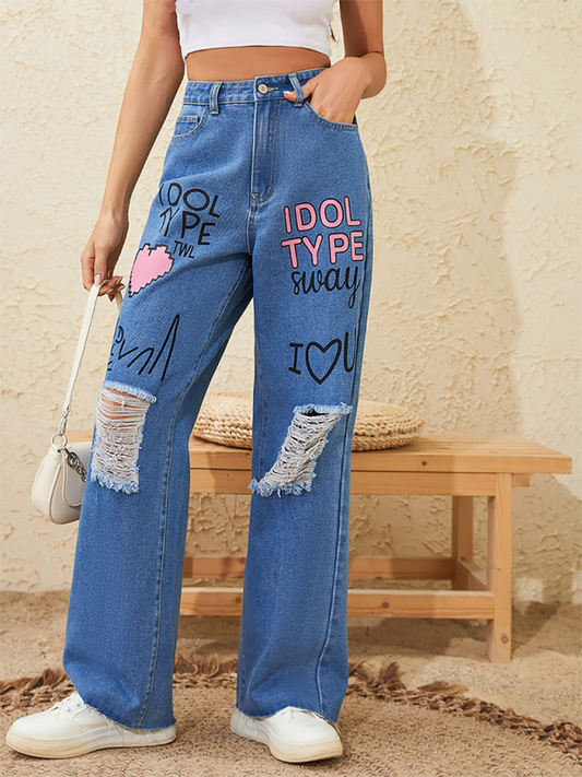 Pink love letter graffiti print street retro loose ripped raw edge denim trousers Blue