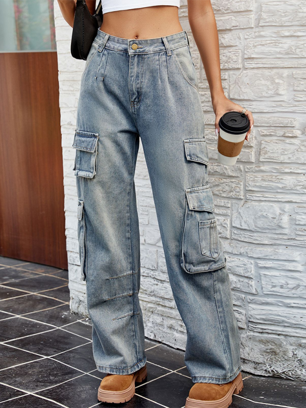 Washed Semi-Elasticated Loose Denim Overalls Blue