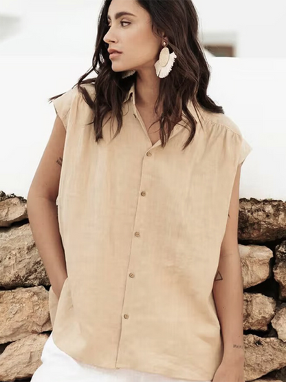 New cotton and linen simple casual sleeveless solid color shirt tops Khaki