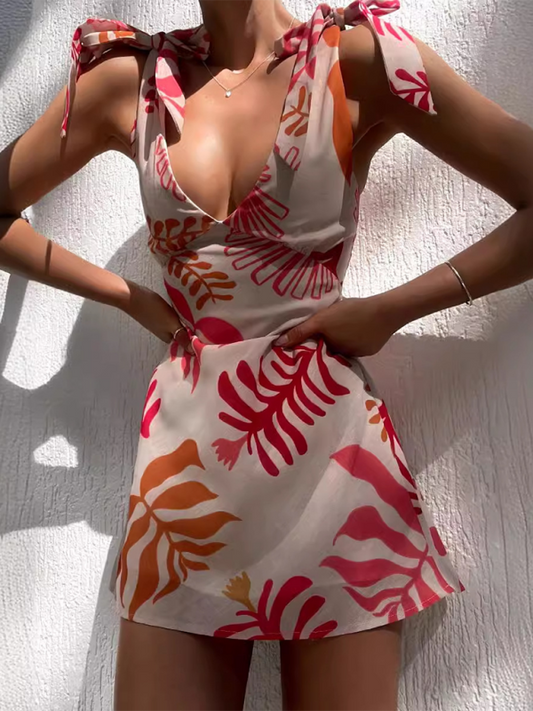 Modern women's sexy printed short dress Orange Red