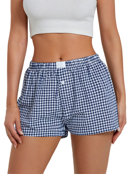 High Waist Wide Leg Plaid Shorts - Vintage Casual Summer Shorts Blue