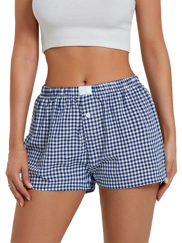 High Waist Wide Leg Plaid Shorts - Vintage Casual Summer Shorts Blue
